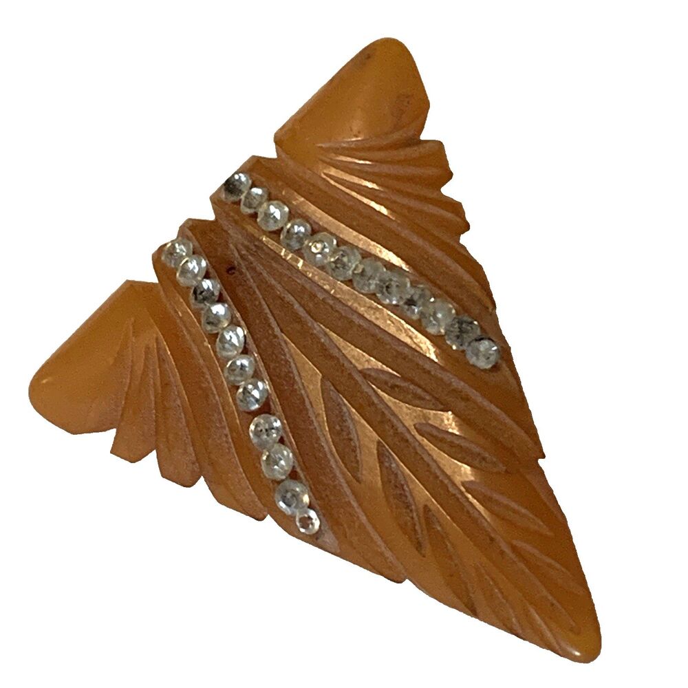 Vintage Carved Bakelite Dress Clip Amber Butterscotch w/ Rhinestones Art Deco